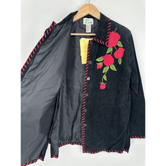 Vintage 90's Suede Jacket Embroidered Floral Rose Western Leather Jacket - Picture 10 of 11